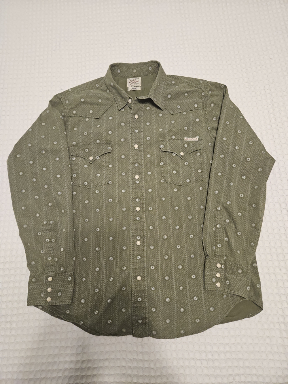 Lucky Brand Men's L Green White Geometric Western Snap-Up Long Sleeve Shirt
